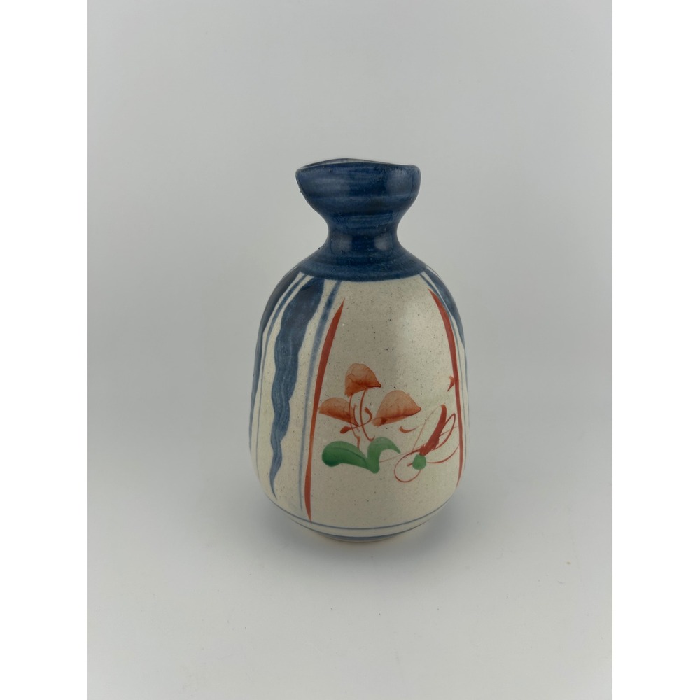Japanese Ceramic Sake Bottle Vintage‎ Mushroom Floral Design Blue White